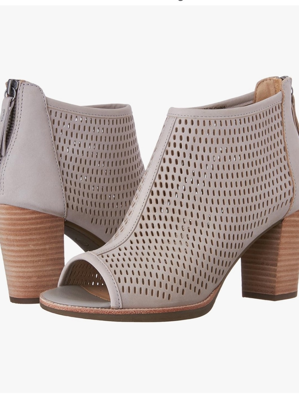 Geox Light Gray Perforated Peep-Toe Ankle Boots with Stacked Heel